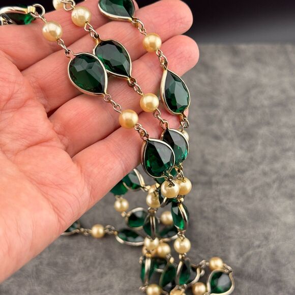 Long Vintage Necklace Gold-Tone Chain Green Teardrop Glass Bezel Faux Pearl  50” - Picture 5 of 12